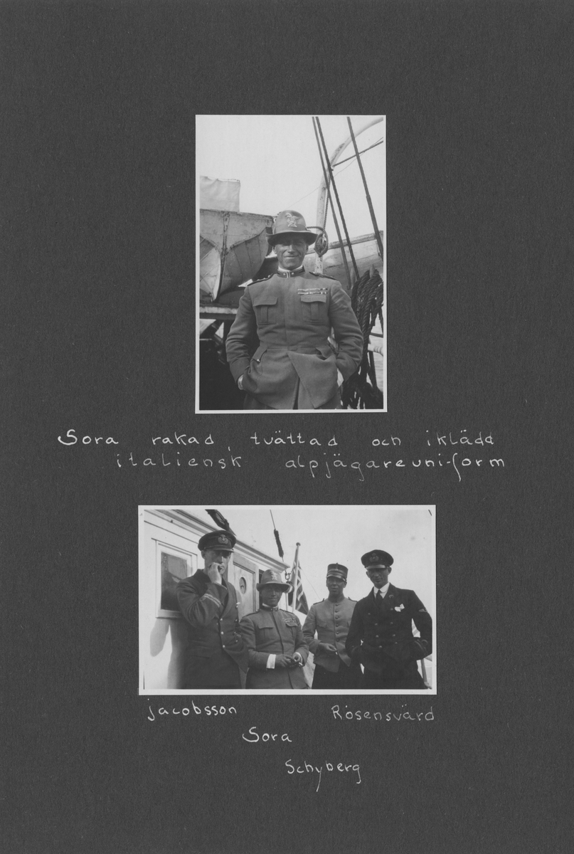 Svenska Spetsbergsexpeditionen 1928, band 3.    Band 3 av 5 dokumentationsalbum från svenska Spetsbergsexpeditionen år 1928, där Umberto Nobile och besättningen på luftskeppet Italia räddades.  48 fotografier monterade på 26 albumblad.    Motiv: I lägret i Kings Bay, hemresa via Narvik.  Personer, fartyg, natur, omgivningar, mm.