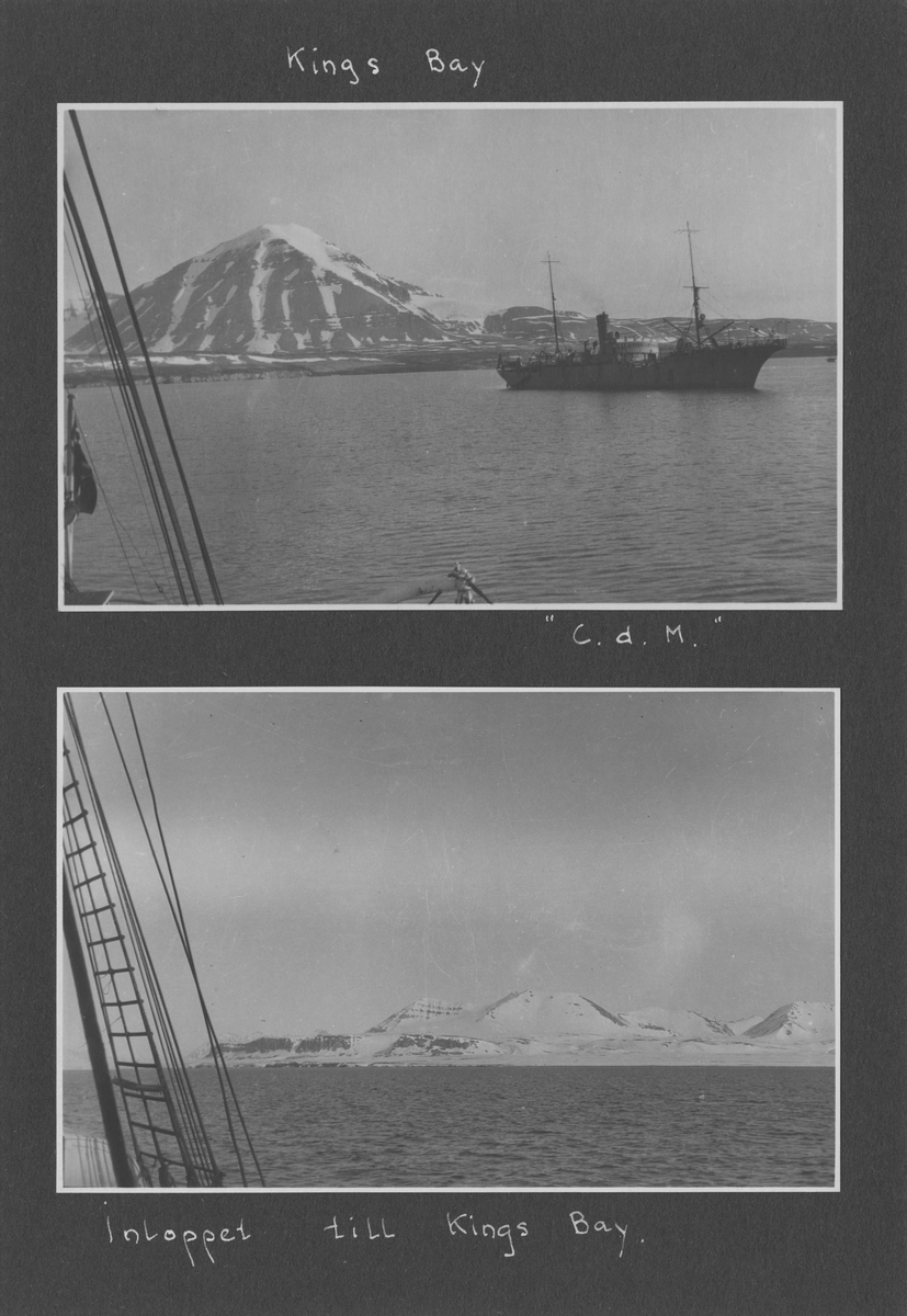 Svenska Spetsbergsexpeditionen 1928, band 3.    Band 3 av 5 dokumentationsalbum från svenska Spetsbergsexpeditionen år 1928, där Umberto Nobile och besättningen på luftskeppet Italia räddades.  48 fotografier monterade på 26 albumblad.    Motiv: I lägret i Kings Bay, hemresa via Narvik.  Personer, fartyg, natur, omgivningar, mm.