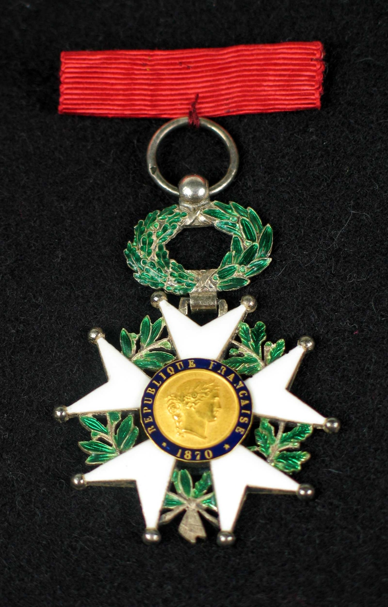 Ordenstegn av gull, sølv og emalje. Bladkrans i hvitt og grønt. I midten et kvinnehode i gull med innskripsjon  på blå bakgrunn. på baksiden to franske flagg i kors. Hempe og rødt bånd i silke. Medaljen ligger i svart eske med gullkant.