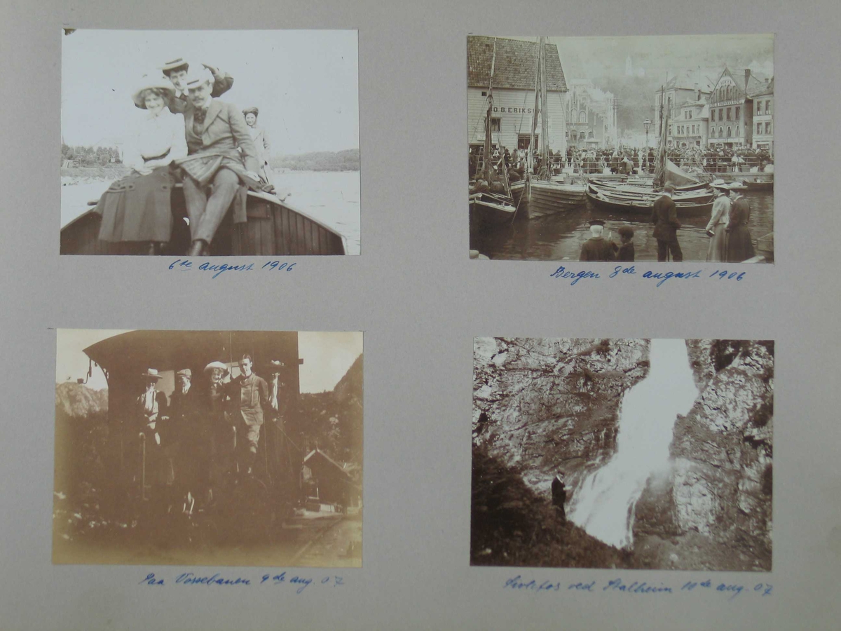 Fotoalbum med amatørbilder. Noen få med tekst og datering. Omslaget har jugendstil.