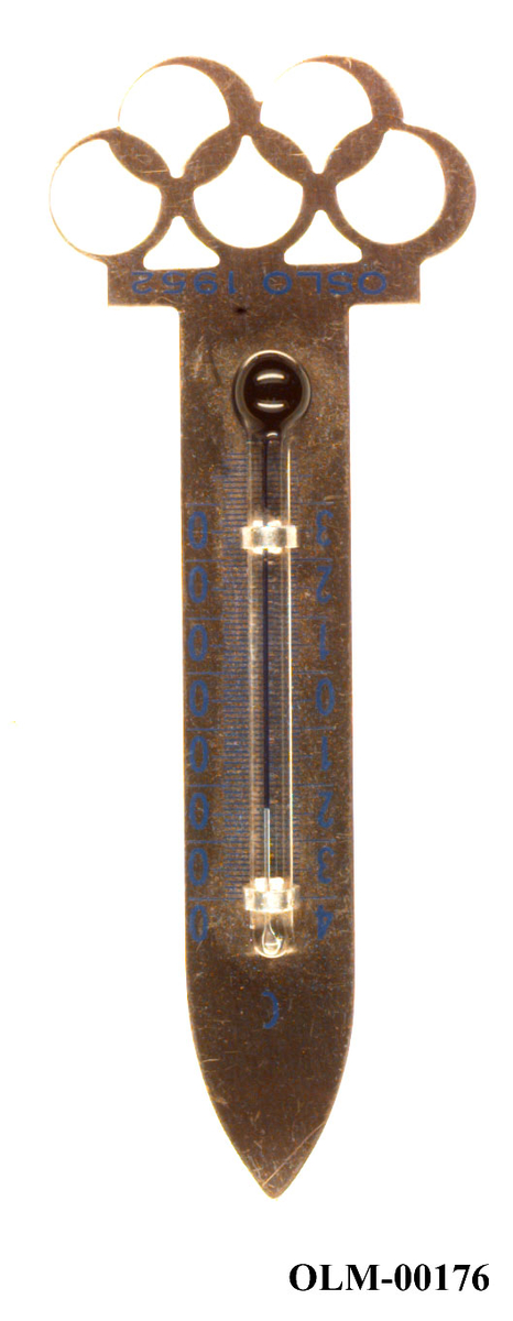 Sølvfarget termometer med de olympiske ringene som utsmykning.