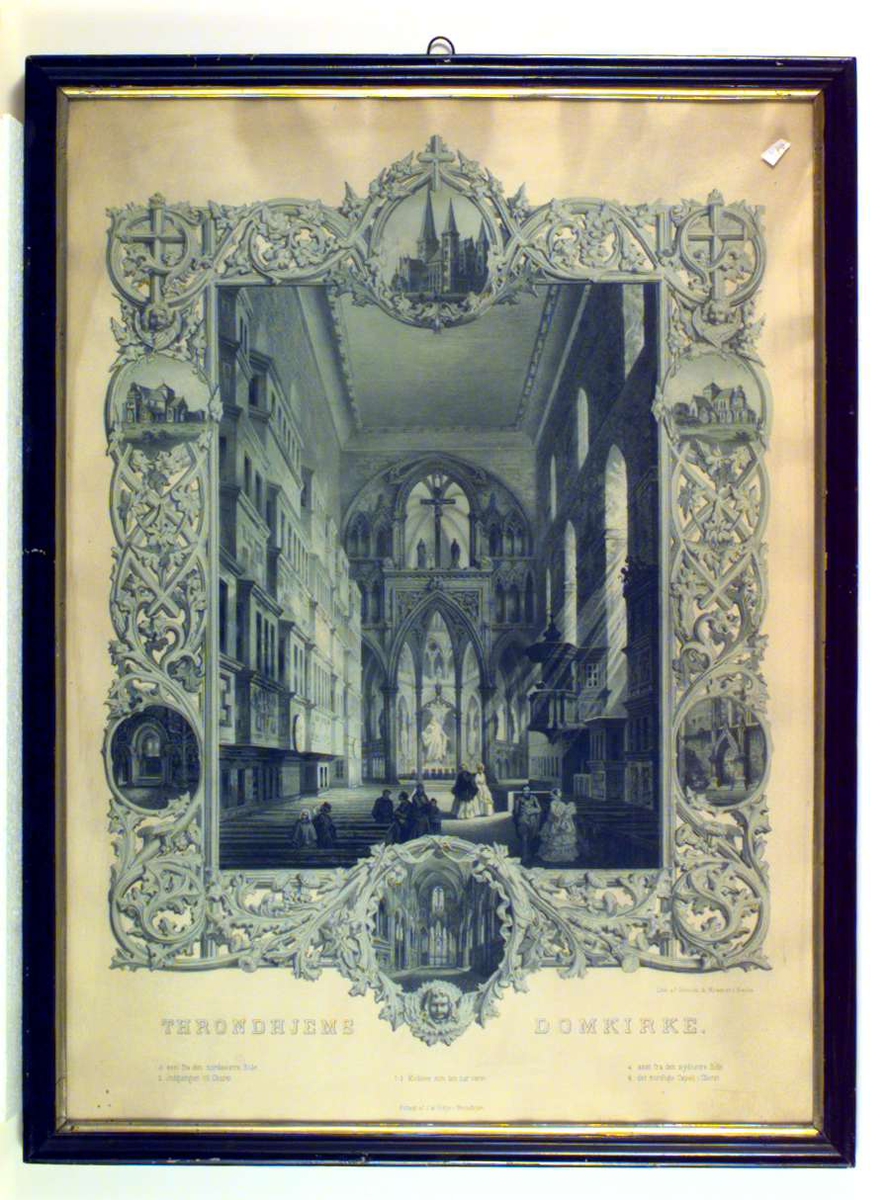 Interiør fra Trondheim Domkirke satt inn i en akantusbord. Seks ulike motiver fra kirken er felt inn i borden.