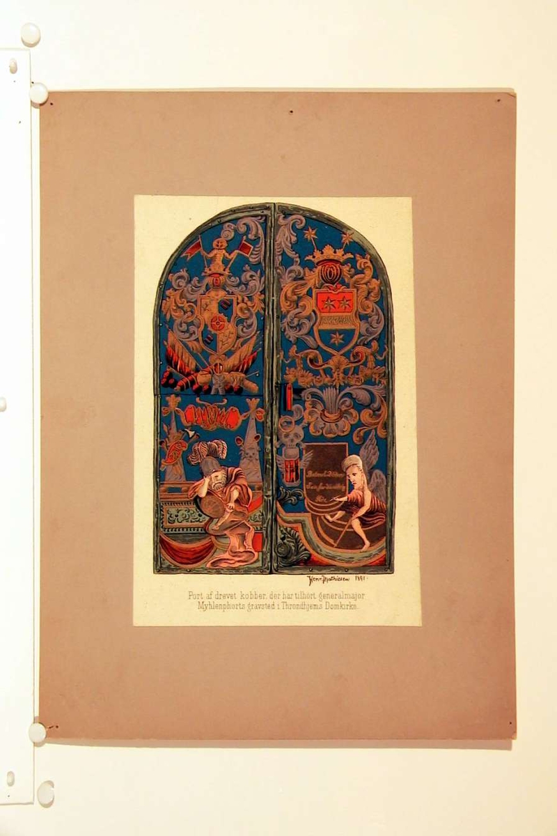 Reproduksjon etter en tegning/akvarell. Klebet opp på kartong. Ikke innrammet