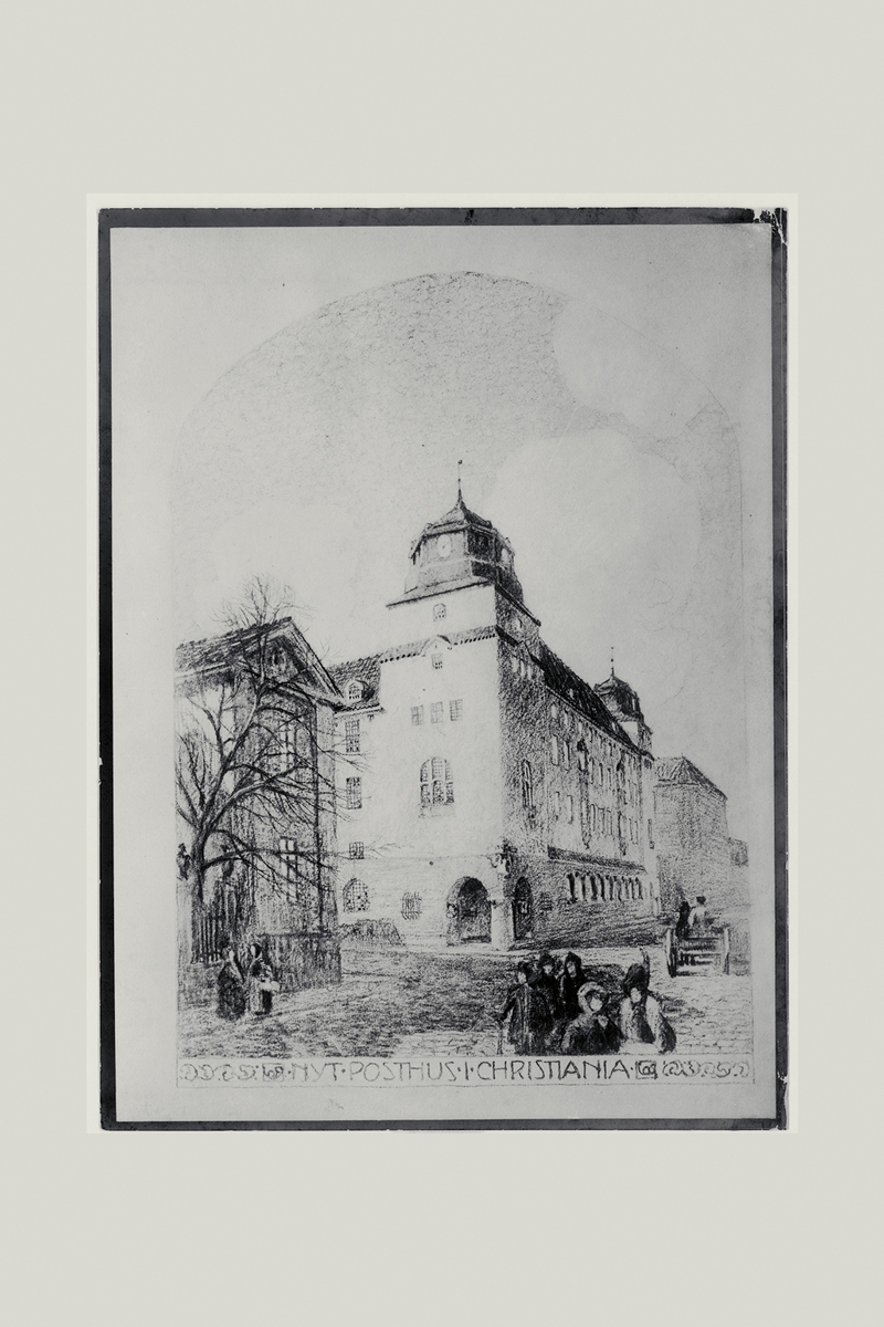 eksteriør, postkontor, 0101 Oslo sentrum, Kristiania posthus under oppførelse, tegning, fra Dronningens gate, Krigsskolen i forgunnen, personer, kjerre