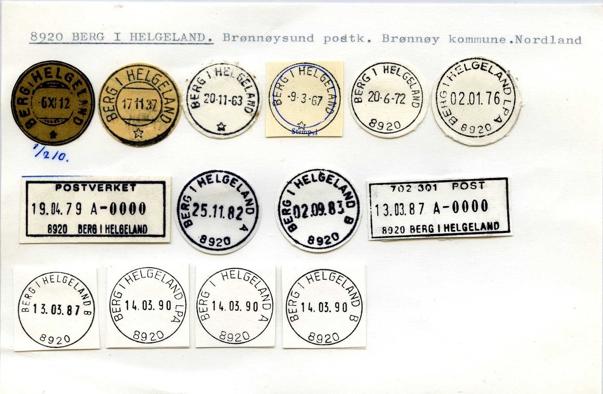 Stempelkatalog. 8920 Berg i Helgeland. Brønnøysund postkontor. Brønnøy kommune. Nordland.