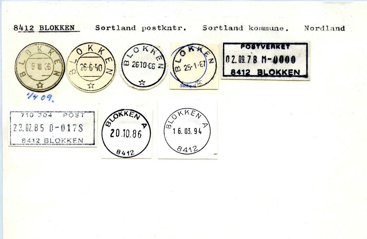 Stempelkatalog. 8412 Blokken, Sortland postktr. Sortland kommune, Nordland