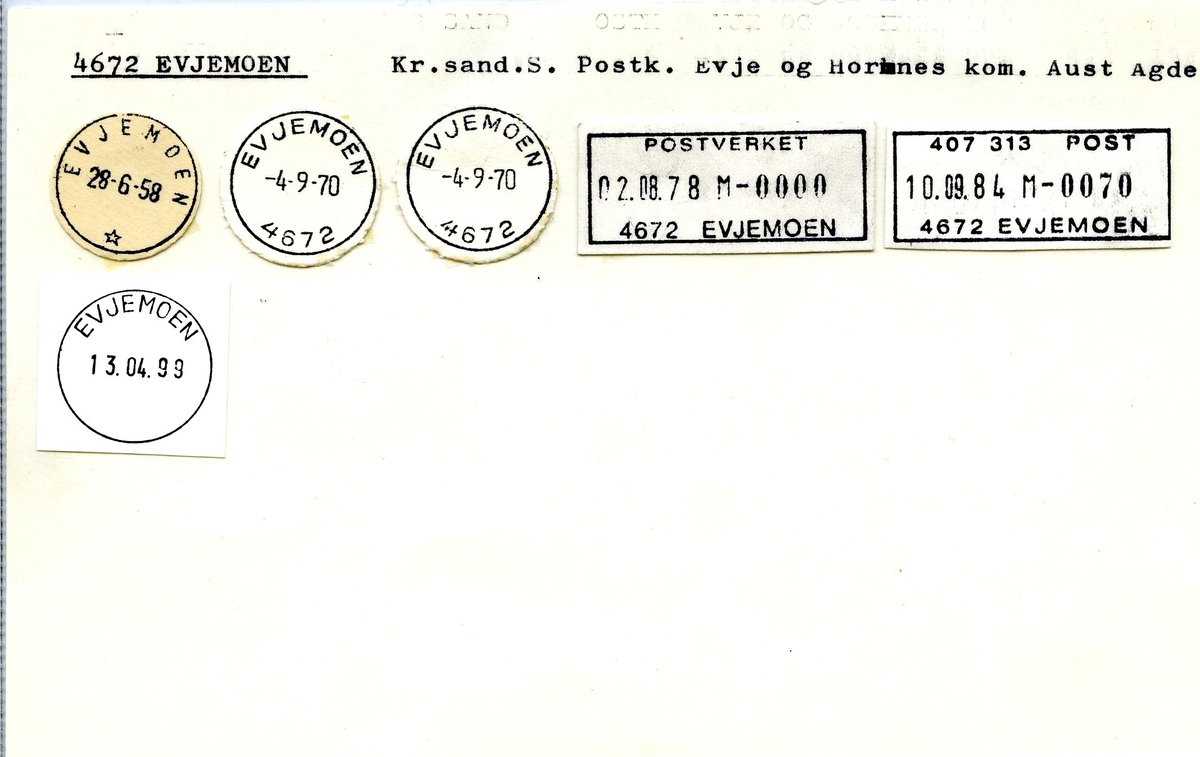 Stempelkatalog. 4672 Evjemoen. Kristiansand postkontor. Evje og Hornes kommune. Aust-Agder fylke. (Feltpostkontor nr. 7, 8, 17 og 33. Gimlemoen. Maldesletten. Soma.)