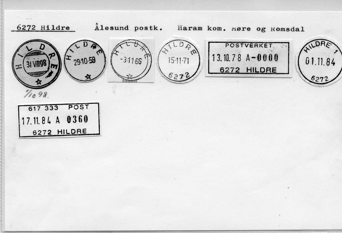 Stempelkatalog. 6272 Hildre. Ålesund postkontor. Haram kommune. Møre og Romsdal fylke.