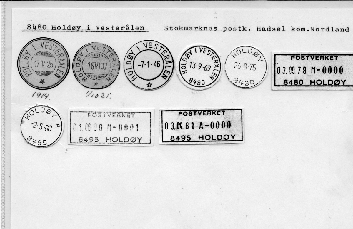 Stempelkatalog: Holdøy i Vesterålen, Stokmarknes postk., Hadsel kommune, Nordland
(Holdøy)