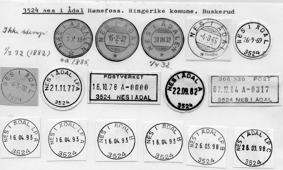 Stempelkatalog  3524 Nes i Ådal (Næs i Aadalen, Nes i Ådalen), Hønefoss, Ringerike, Buskerud