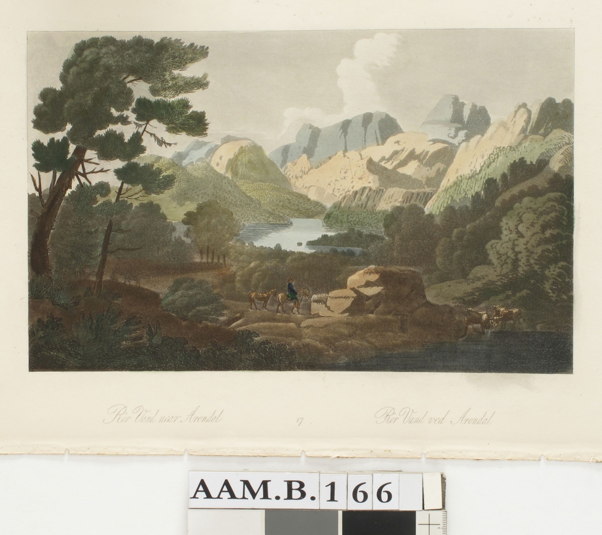 Innsjø, mellom fjell. Rorevannet. I forgr. åpen skogegn m. rytter og to hester, samt kuer i vannkanten. I bakgr. stille vann omgitt av skogkledde åser og høye fjell.