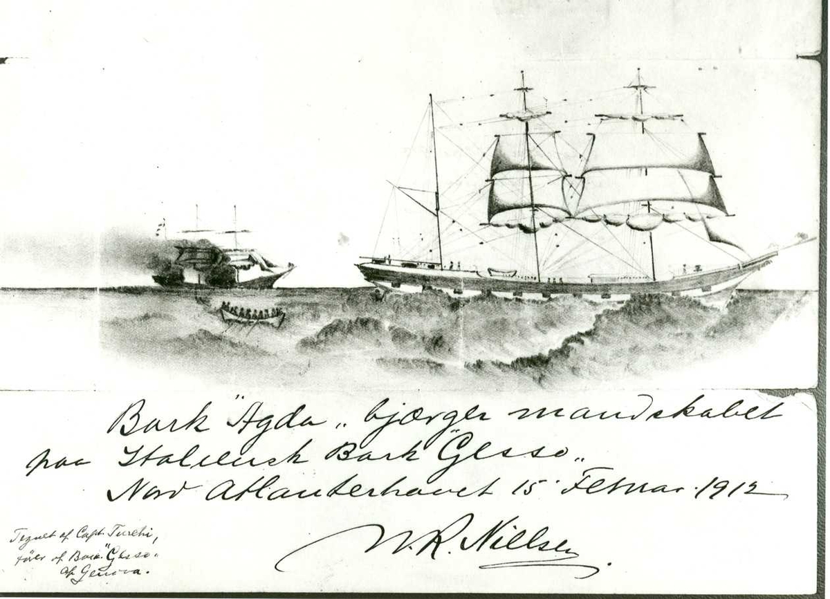 Fartøybilder fra Agder

Navn: Agda
Kjennetegn: TVUB
Type: Bark
Bygget: 1874 i Sunderland
Hjemmehavn: Arendal
Drektighet: 1153 reg. tonn
Skuteregistersignatur: 1905VA23 og 1613
Arkivref.: Fartøybilder boks 1, AAA Neg. nr. 1111, 1188
Kilde: : De hvite seil 1.76
Tekst: "AGDA" av Arendal. Signatur Johnsen. London             1903. Eier : Skipsreder Sigurd Herlofsen, Oslo

*

Opprinnelig filreferanse i eDepoet
Bilde1: F0122_Fartøybilder-SMW_090525\AGDA I a
Bilde2: F0122_Fartøybilder-SMW_090525\AGDA IV a
Bilde3: F0122_Fartøybilder-SMW_090525\AGDA V a
Bilde4: F0122_Fartøybilder-SMW_090525\AGDA VI a
Bilde5: F0122_Fartøybilder-SMW_090525\AGDA VIII a
