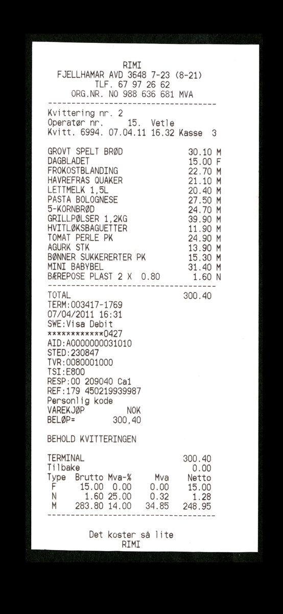 Brødposen er er i plast. Den er merket med Nøkkelhull. Det er satt et klistermerke på brødposen der det står "Har vært fryst best før 21-03-11.