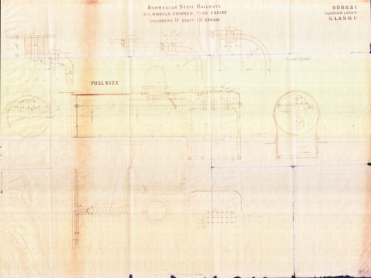 Tegning fra arkivet til Stiftelsen Setesdalsbanen...Fra en serie med tegninger fra Dubs & Co, Glascow Loco Works, Glascow. Dette er en av ca. 80 tegninger av lokomotiver og lokomotivdeler. ..Tegningene i arkivet er "blåkopier" som er skannet og digitalt tilbakeført til tilnærmet original. ....Setesdalsbanen er en smalsporet museumsjernbane i Vennesla kommune. Banen var i ordinær drift fra 1896 til 1962. Om sommeren kan man bli med på en kjøretur med 100 år gamle damplokomotiv og passasjervogner fra Grovane til Røyknes stasjon.