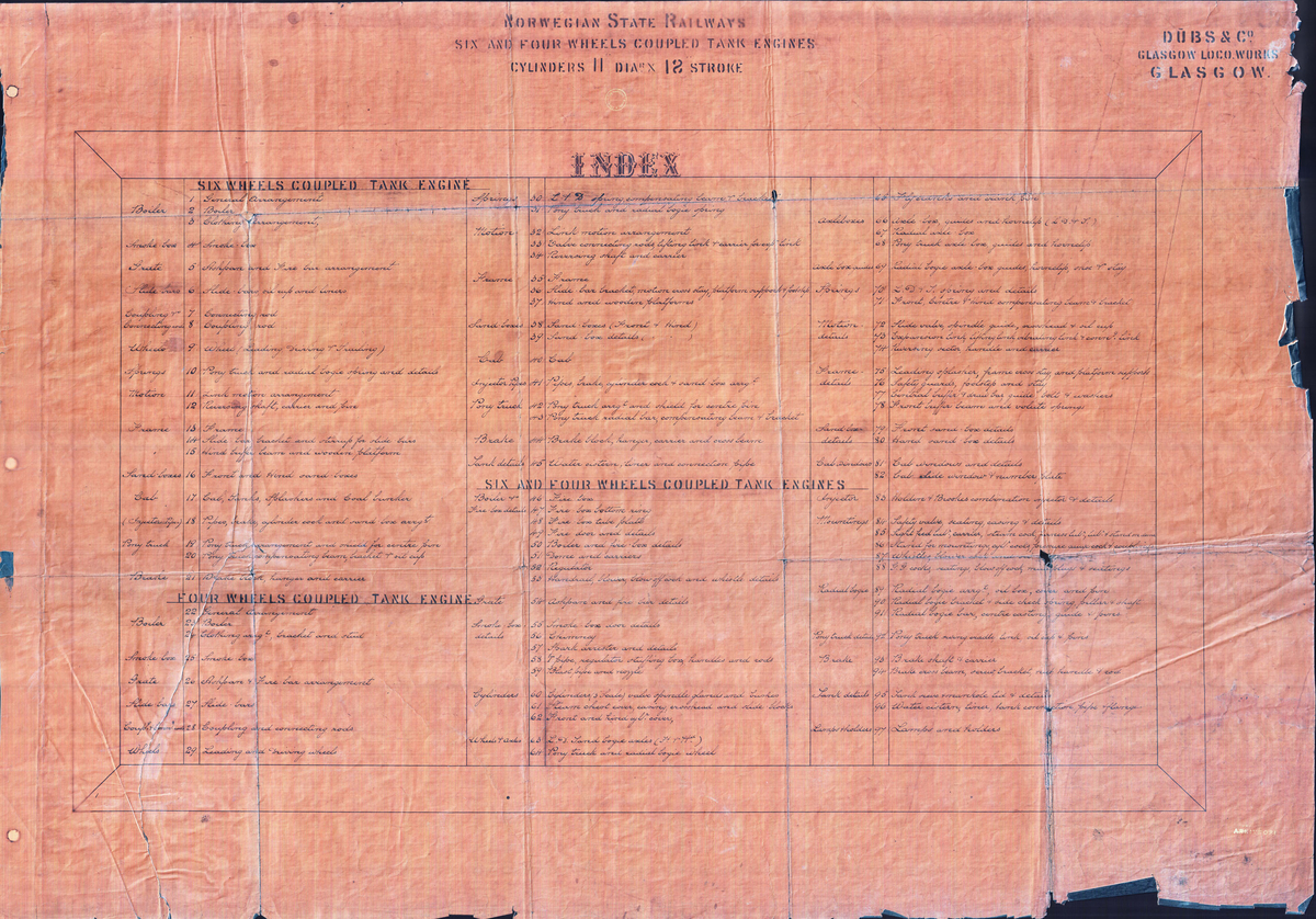 Tegning fra arkivet til Stiftelsen Setesdalsbanen...Fra en serie med tegninger fra Dubs & Co, Glascow Loco Works, Glascow. Dette er en av ca. 80 tegninger av lokomotiver og lokomotivdeler. ..Tegningene i arkivet er "blåkopier" som er skannet og digitalt tilbakeført til tilnærmet original.