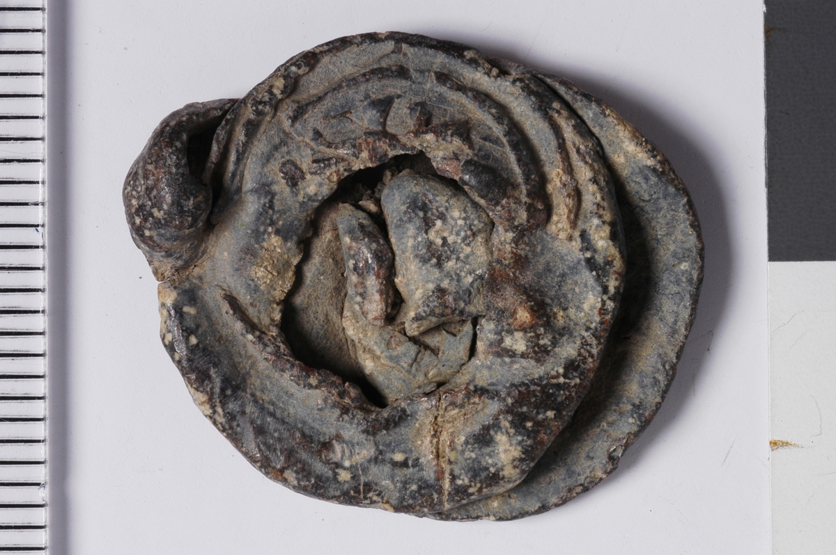 Vareplombe med to plaketter og streng bevart. Advers plakett er hel mens revers plakett er hullet etter naglen. Begge sider har rester av preg, revers plakett har preg av noe som kan være et våpenskjold, advers plakett er ubestemt. 