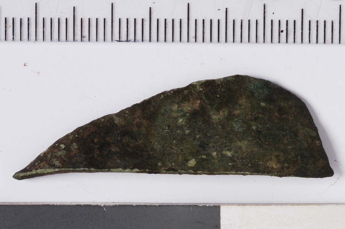 MÅL: L. 4, 2 CM H. 0, 8 CM, UREGELMESSIG FORMET PLATE. EN RETT SIDE OG EN BUET.