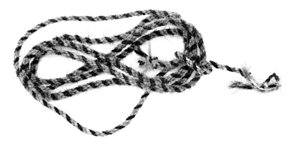 Beskrivelse fra protokoll/kartotekkort: 
"Tømmene er tvunnet av mørke og lyse hår. Det er mulig de lyse hårene er fra kusvøpe. Slike kjøretømmer var fine å bruke om vintgeren fordi de trakk ikke noe vann, og ble derfor ikke så stive som andre tømmer. "