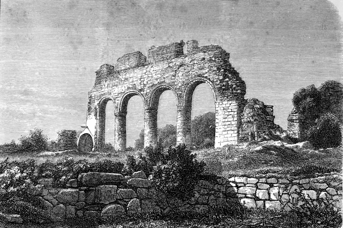 Hamar, Domkirkeruinen, tresnitt, trykk fra et svensk skillingsmagasin, "Ruin af Hamars Kyrka i Norge"
