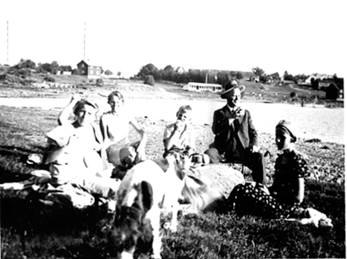FAMILIEN LØKEN MED VENNER I ROSENLUNDSVIKA, HEDMARKSMUSEET OG DOMKIRKEODDEN I BAKGRUNNEN. 