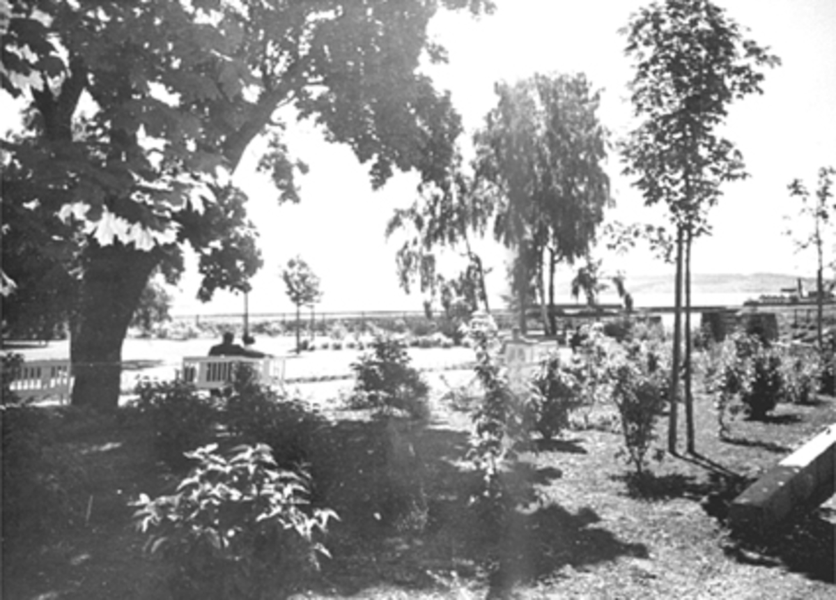 FRA STRANDGATEPARKEN MED BENKER OG FOLK, PLANTER, TRÆR OG JERNBANEUNDERGANG