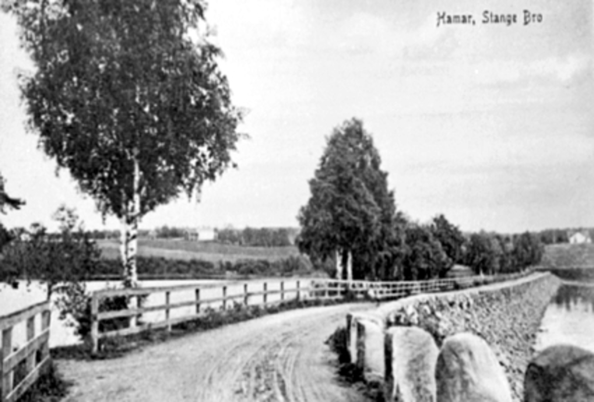 Postkort, Hamar, Stangebrua over Åkersvika, steinfylling med stabbesteiner, rekkverk, Mjøsa, 