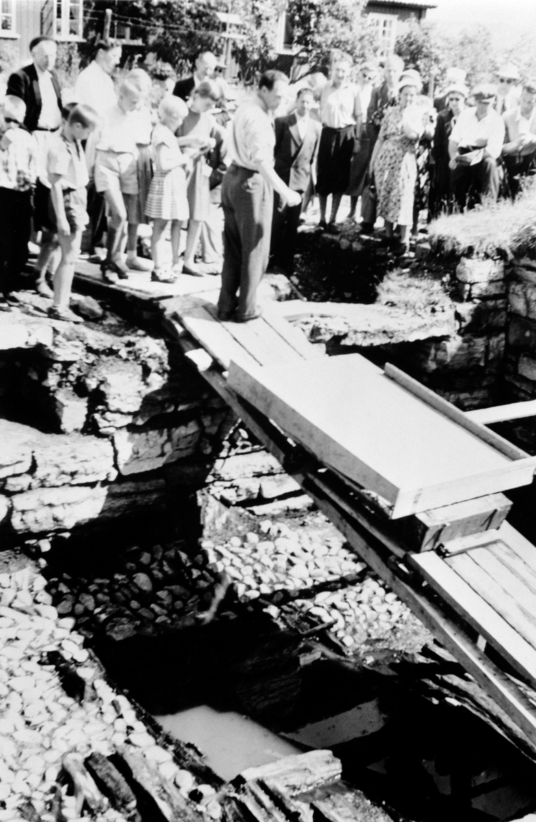 Hamar, Hedmarksmuseet og Domkirkeodden, omvisning ved konservator Toralv Bleken-Nilssen i Borggården i Hamar bispegård, Storhamarlåven, arkeologiske utgravninger,