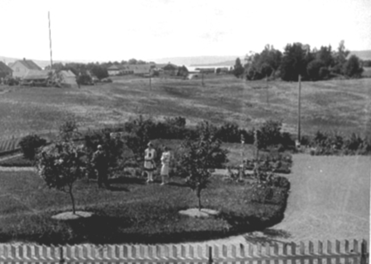 Hamar, Bispegata, direktør Gisle Arnesen med frue og datter Siri Arnesen i hagen, Domkirkeodden i bakgrunnen,