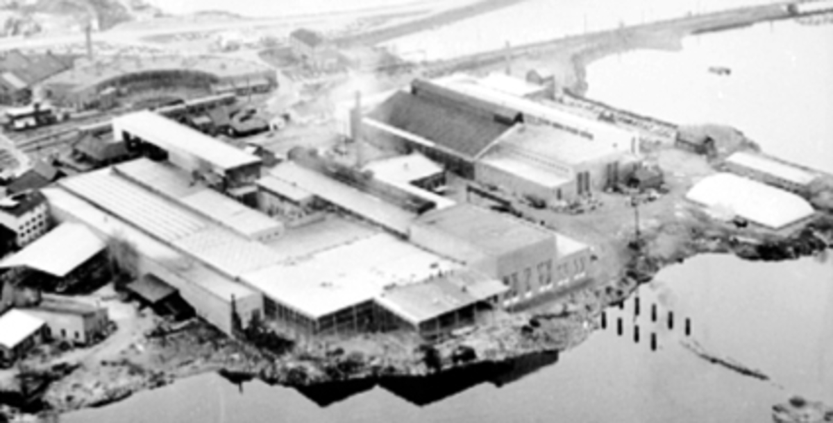 Hamar, flyfoto, Espern, Hamar Jernstøberi og Mekaniske Verksted, HamJern, Hamar Jernbaneverksted, flommen 1967, Mjøsflommen 1967,