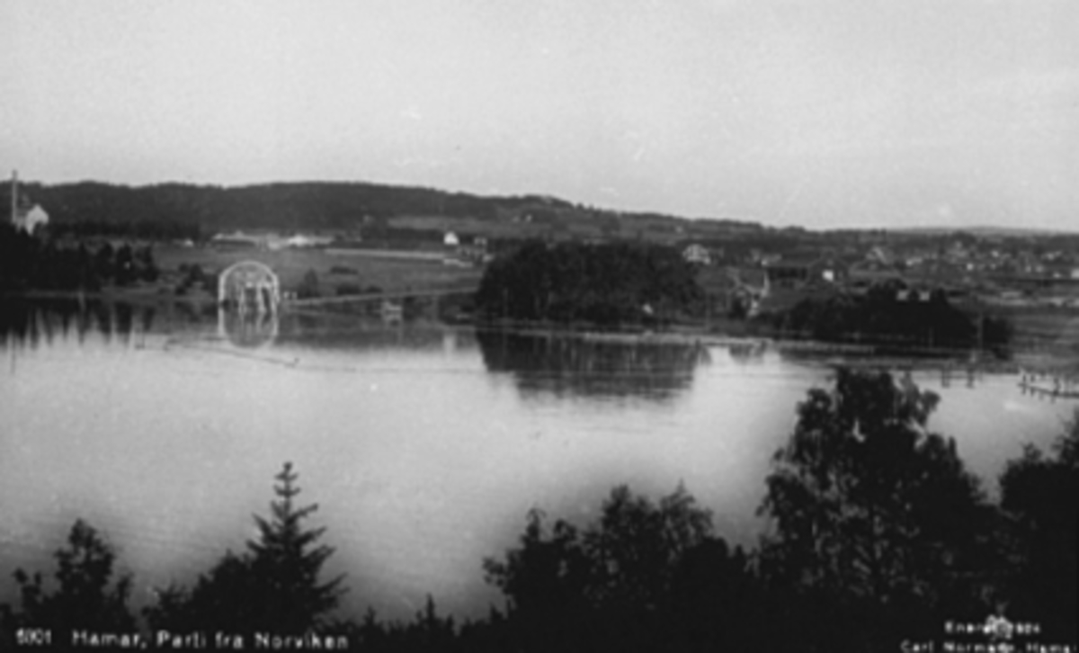 Postkort, Hamar, Rosenlundvika, Domkirkeoddden, Nordviken Bruk, sagbruk, hadde tømmerlenser og stor industritomt på Storhamar, 1918 hadde de 275 ansatte. saga med kjerrat til venstre,