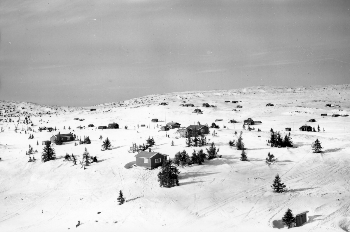Flyfoto av bebyggelse i vinterlandskap på Sjusjøen, Ringsaker Almenning.