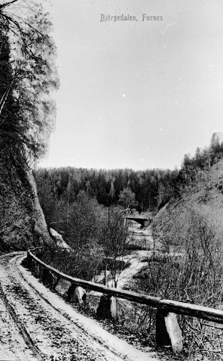 Bjørgedalen, Furnes, veg med stabbesteiner, bru over Flagstadelva.