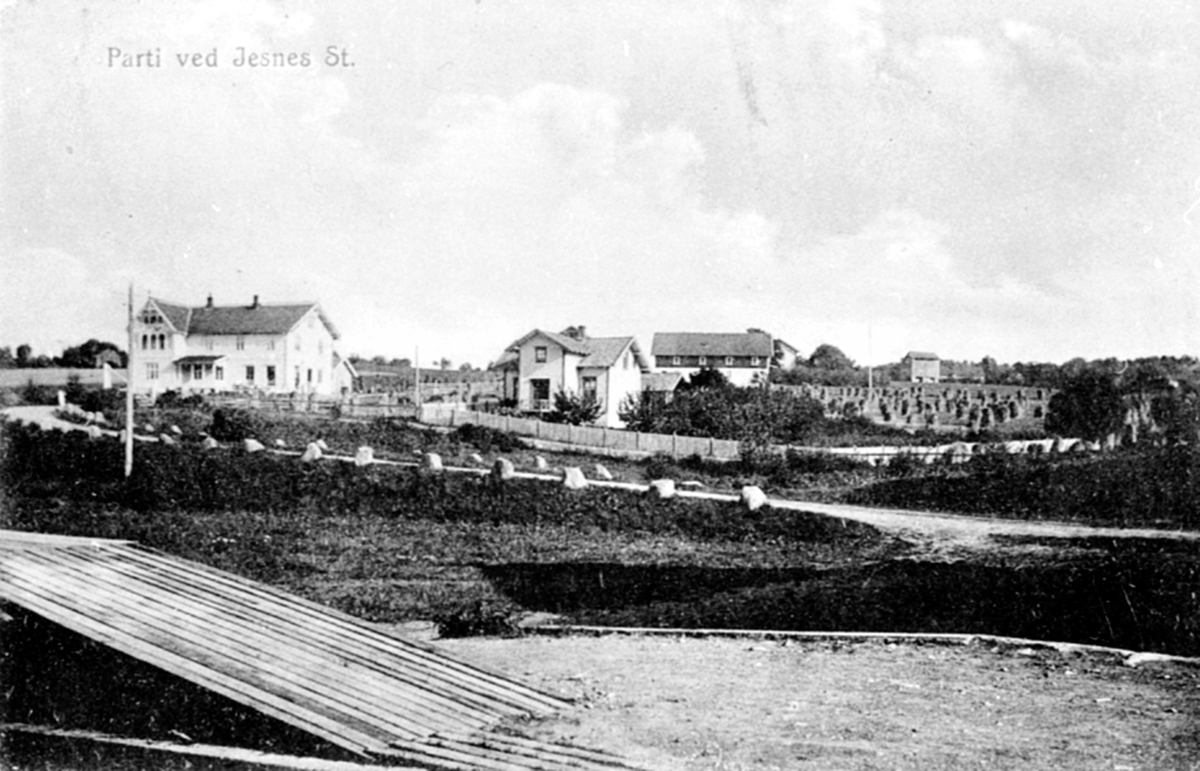 Postkort, Ringsaker, Furnes, parti ved Jessnes jernbanestasjon, til venstre Kremmerhuset landhandel, til høyre Lysgård i Jessnesvegen 518, bak til høyre Jessnes søndre gård
