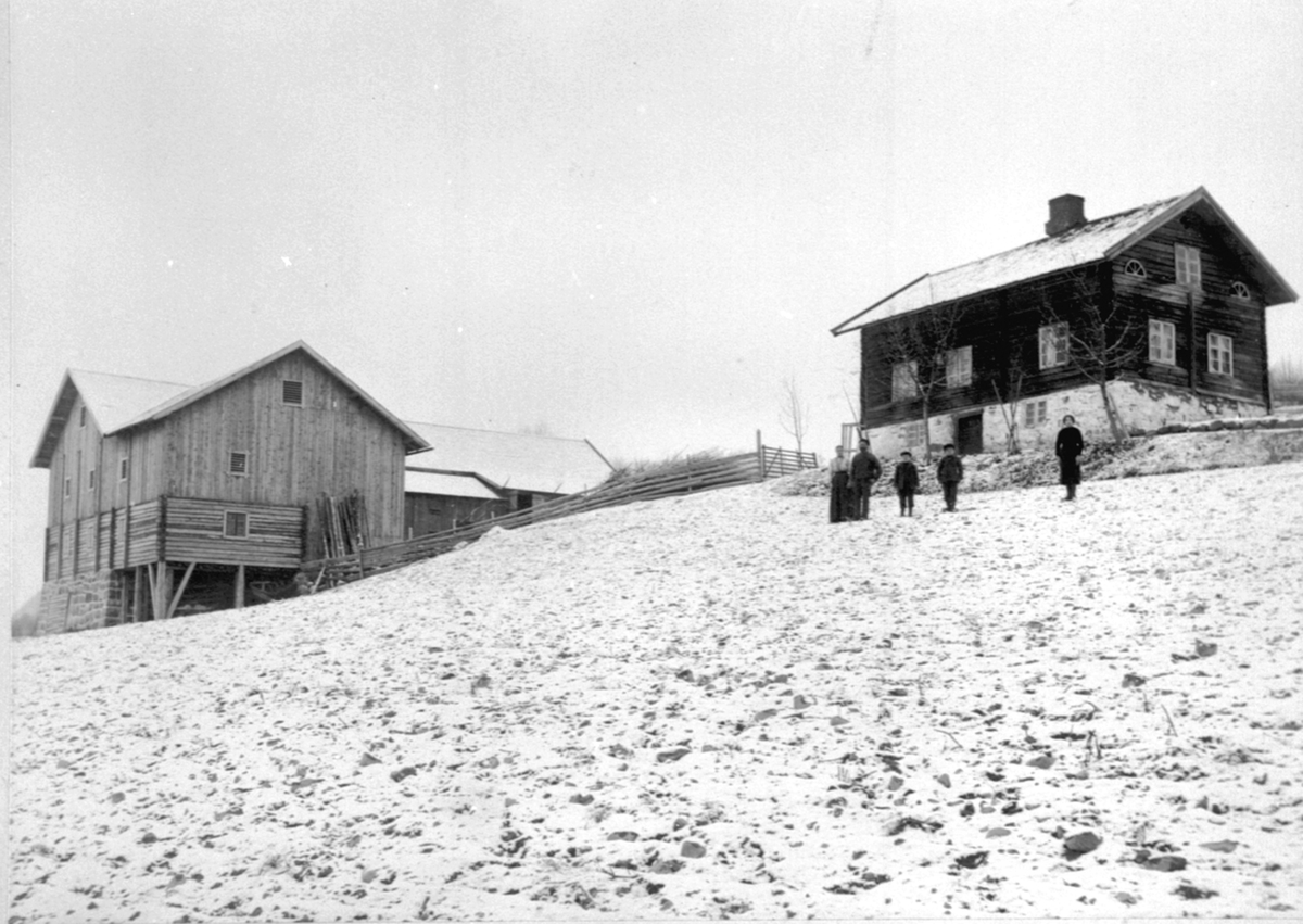 Afsett øvre, Næroset, Ringsaker. Låve og hovedbygning. Foran huset er fra venstre Eli Dahl, Johs Dahl, Helmer Dahl Afseth, Jørgen Dahl Afseth, Oline Johannesdatter Dahl.
