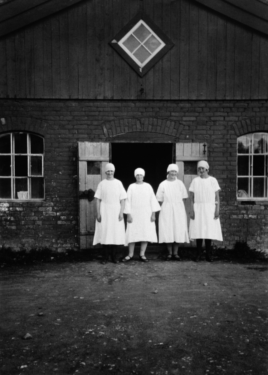 Fire budeier i fjøsdøra på Skredshoel, Ringsaker. Fra venstre er Marie Pettersen, Anna Pettersen, Klara Pettersen, Mina Brendbakken.