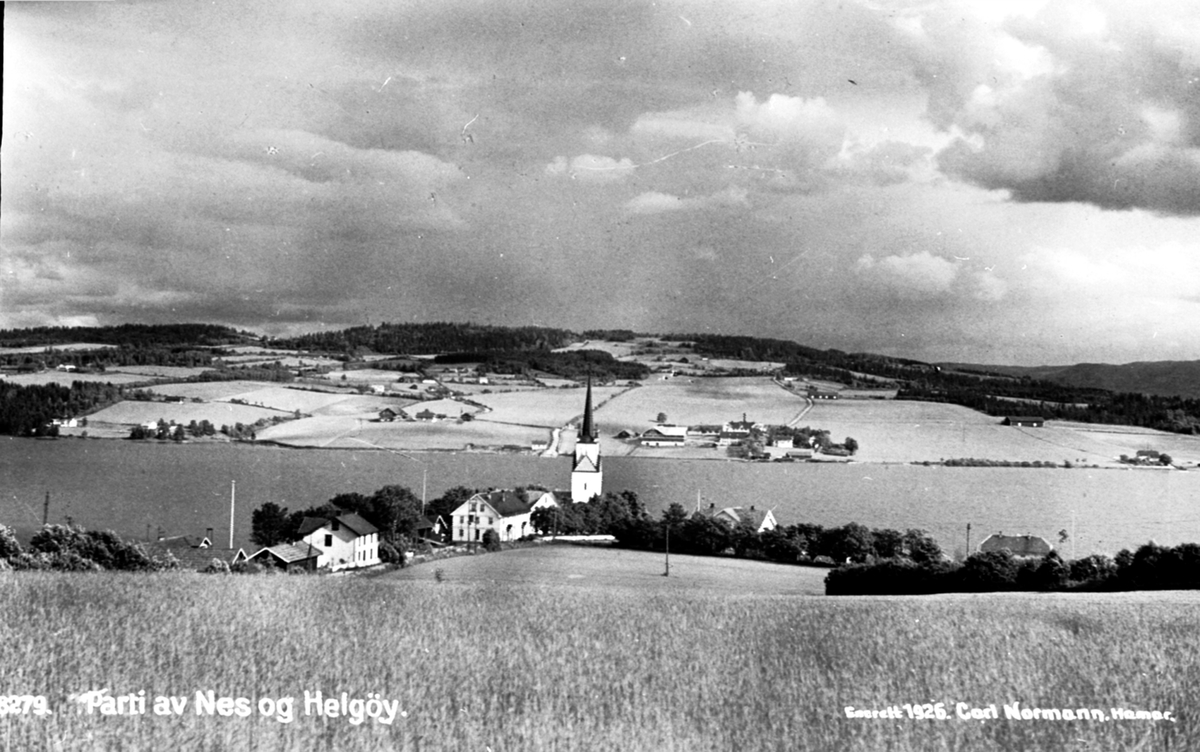 Postkort, Utsikt til Tingnes og Helgøya. Nes kirke.