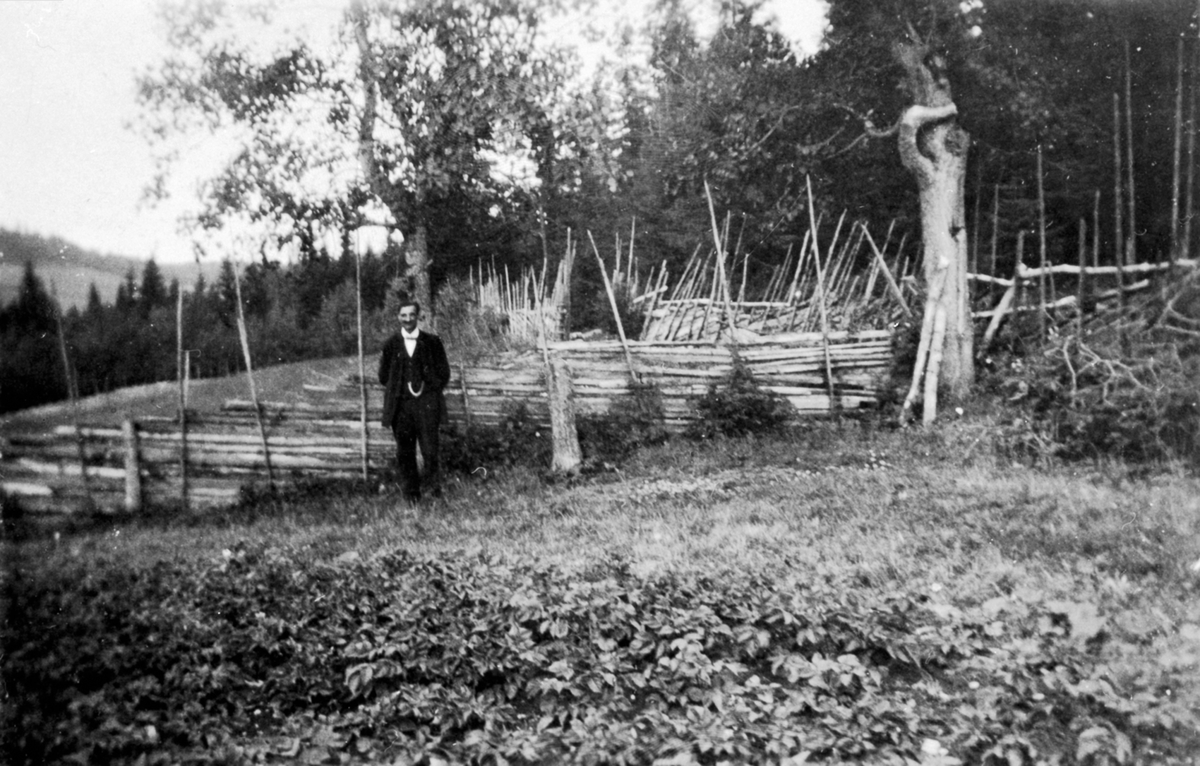 Mann foran skigard på husmannsplassen Svebakken, under Ulven gard, Ringsaker.