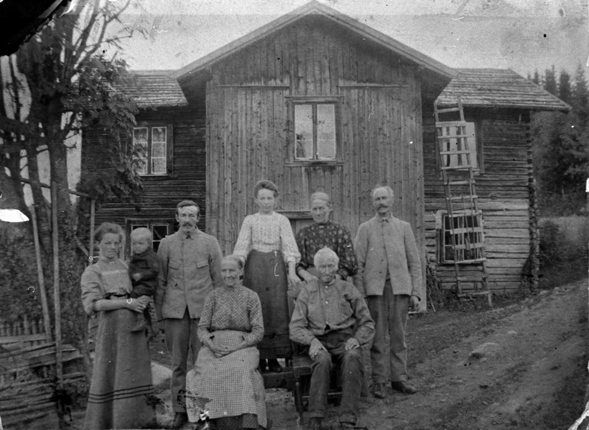 Eksteriør, hovedbygningen i Hauglien, Nes, Hedmark. Marte Haugom f.1888 med Einar f.1909, Ole f.1886, Marie gift Lund, Karoline Olsdatter f.1866, Even Haugom f.1861, Agnethe f.1847, Kristian Høiby-Hauglien f.1831.