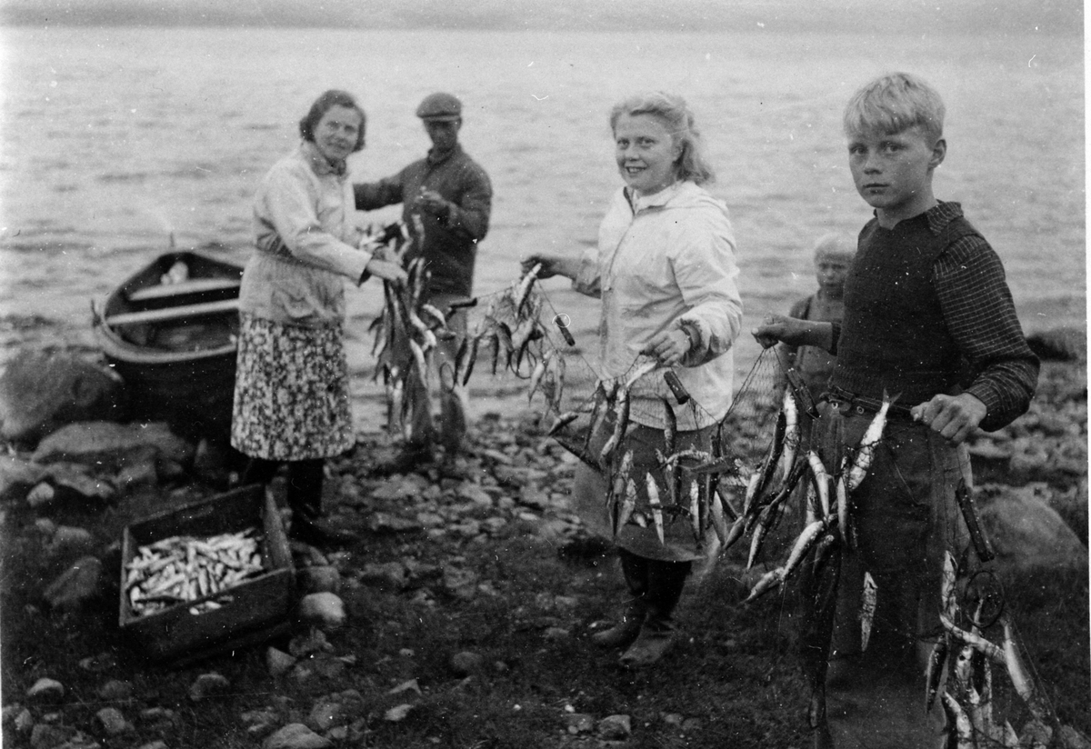 Lagsildfisk på Baldishoelstranda. Fra venstre er Ingeborg Farup, Konrad Viken, Rønnaug Borud, Svein Erik Mølstad.