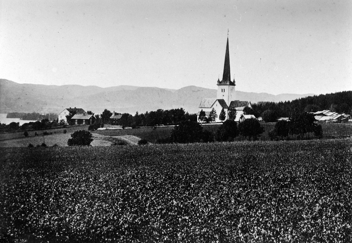 Ringsaker kirke, prestegarden og omegn. Staller til høyre.