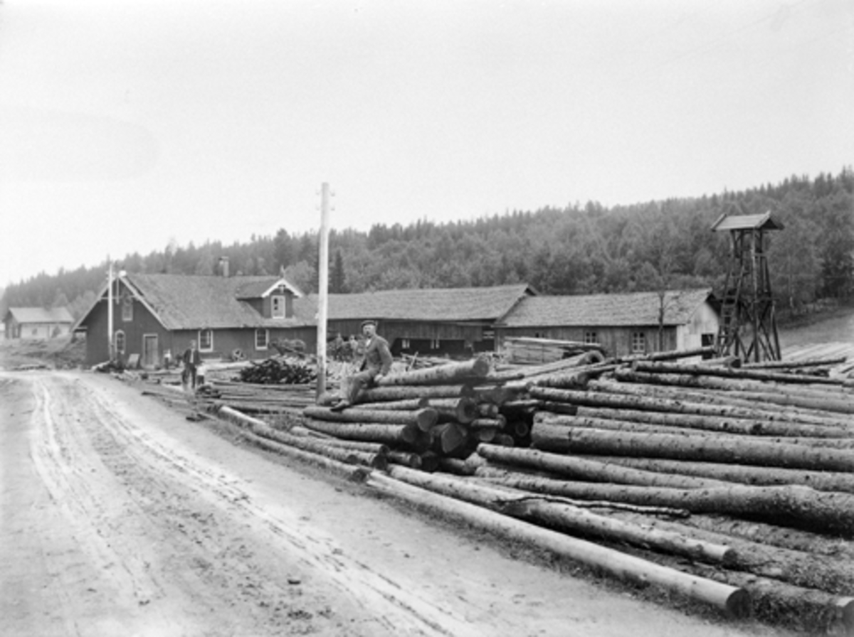 Sagbruket Kvisla i Næroset, Ringsaker omkring 1905. Tømmerlunne. Tårn med wire fra vannhjul overførte kraft til snekkerverkstedet. Johannes Olsen kjøpte stedet i 1881 og bestyrer Julius Olsen overtok i 1910.  Kvisla Bruk.