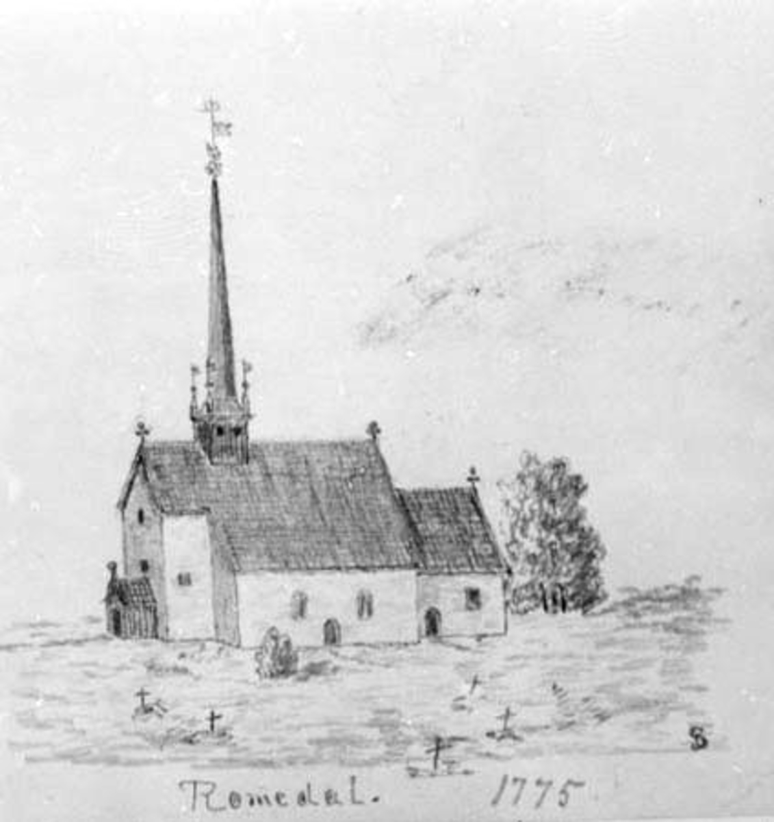 Tegning, Romedal kirke 1775, Gerhard Schønning.