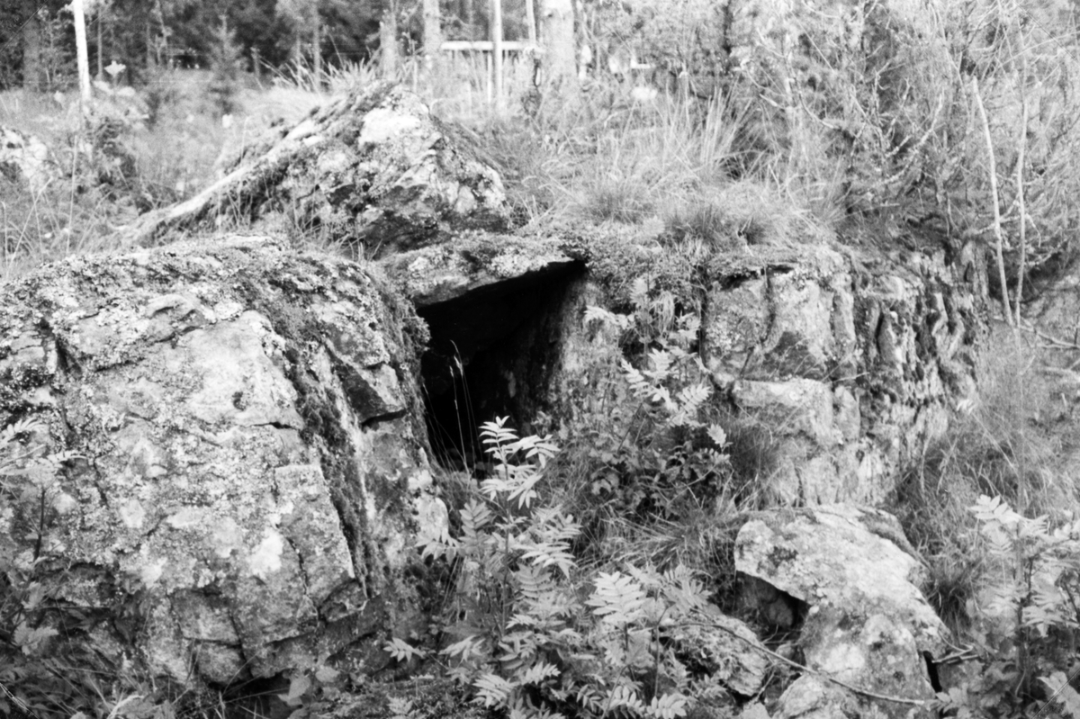 Harabotnvolden nedre, Vallset, sommeren 1979.  Restene av bakerovnen Det ble gjort opp varme i det mørket i berget. Over varmen lå ei slett stenhelle og på denne ble alt brødet stekt sommer som vinter. Dette stedet ligger ca. 100m syd for husene. Se også 0417-12460-12464