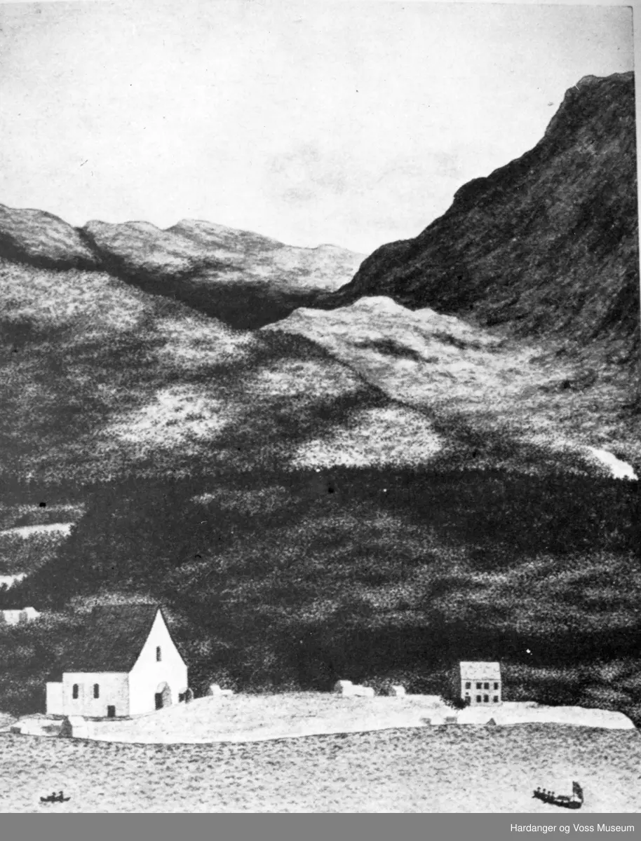 Foto av akvarell, Kinsarvik med kyrkja