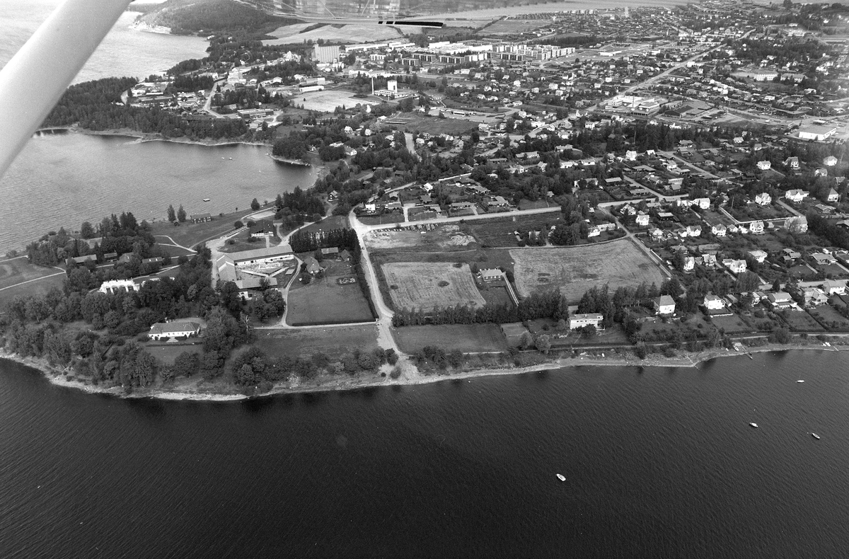 Hamar, flyfoto, Storhamar gård, Hedmarksmuseet og Domkirkeodden, Rosenlundvika, Kringkastingsjordet,