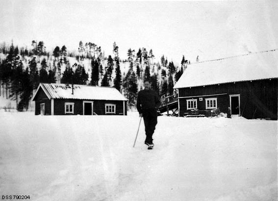 Skogvokter Anders Bersvendsen Ryeng, fotografert i gardstunet på skogvoktergarden Nesheim, der han og familien bodde fra 1912 og framover.  Skogvokteren står i en opptråkket sti i snøen som lå i gardstunet da bildet ble tatt.  Stien var antakelig gangsone mellom våningshus og driftsbygninger.  Bak skogvokteren ser vi på høyre side en driftsbygning med laftete stall- og fjøsrom i underetasjen og lagerrom for høy i den bordkledde bindingsverksdelen over og i den delen av bygningen som ligger lengst til høyre.  Til venstre bak skogvokteren ser vi et enetasjes laftehus, som antakelig må ha hatt eld- eller bryggerhusfunksjoner, muligens også boligrom. 