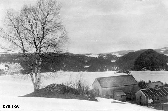 Utsikt mot en del av Jonsvatnet.  Venstre del av todelt "panoramaopptak".  I forgrunnen et delvis snødekt jorda, samt driftsbygningen og stuebygningen på bruket Vallsethaugen.  På jordet til venstre for bygningene stikker det dessuten opp ei steinrøys og et tredelt bjørketre fra snøen.  I bakgrunnen det islagte Jonsvatnet med skogkledde åser på motsatt side. 