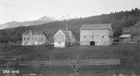 Garden Kongsvik i Kongsvik statsskog, en del av Nordfjord-komplekset.  Dette er en typisk vestlandsgard med to våningshus med horisontalstilt bordkledning, en driftsbygning i bordkledd bindingsverk og et par mindre skjul.  I forgrunnen en grasvoll der det står rajehesjer uten høy.  Bakkekammen bakenfor garden har furuskog.  Bakenfor denne igjen skimtes fjell med snøflekker. 