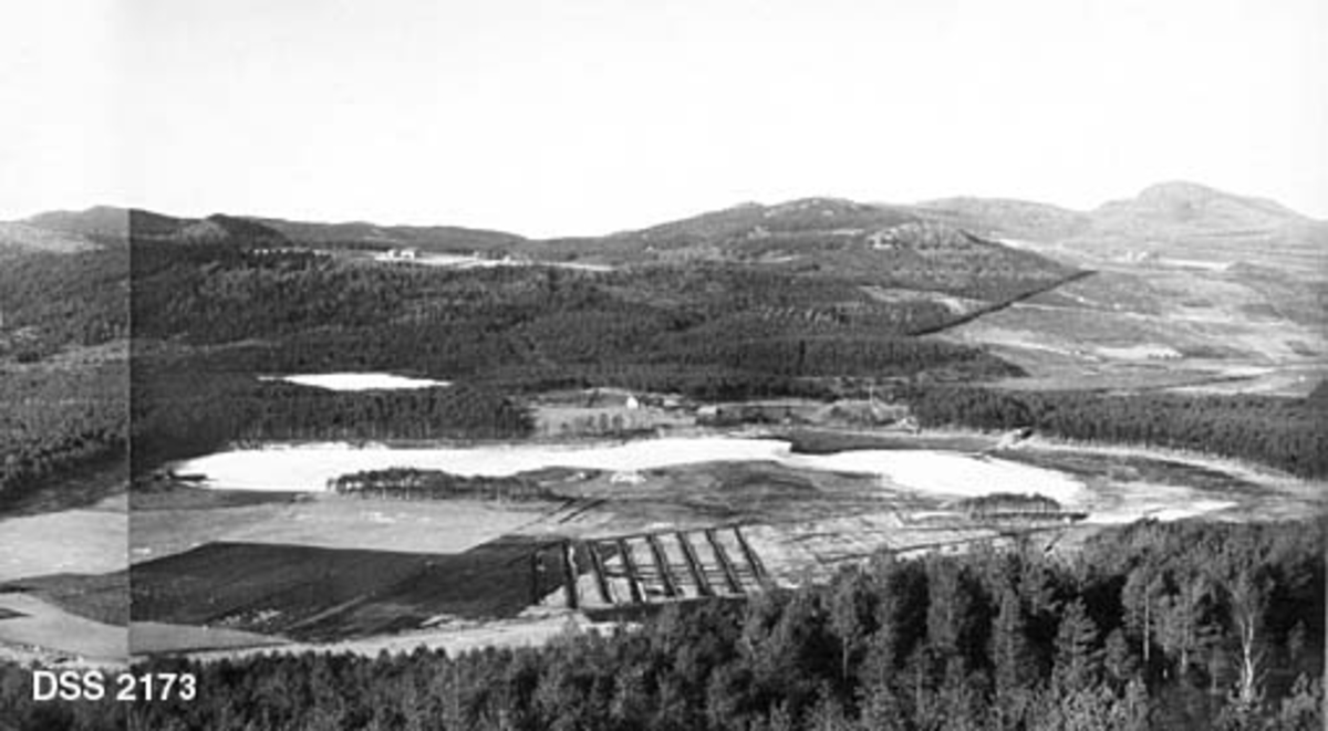 Oversiktsfotografi over Myklebustskogen i Høylandkomplekset statsskog.  Midtre del av tredelt "panorama- eller vidvinkelopptak".  Fotografiet er tatt fra Svartupsbakken, et høgdepunkt i terrenget, med utsikt over skogflater, et par sjøer og litt jordbruksareal.  I i forgrunnen litt furuskog.  Bakenfor dette åkerarealer, dels med åpne grøfter.  Bak åkrene en islagt sjø med et gardsanlegg på motsatt side.  Så følger ei skogkledd li, med et gardsanlegg øverst på åskammen. Skogbare fjell i bakgrunnen til høyre. Høylandkomplekset ble innkjøpt av staten, stykke for stykke, fra 1873 og framover.  Målet var å få i gang et skogreisingsprosjekt i den delen av landet der skogknappheten var mest påtrengende. 