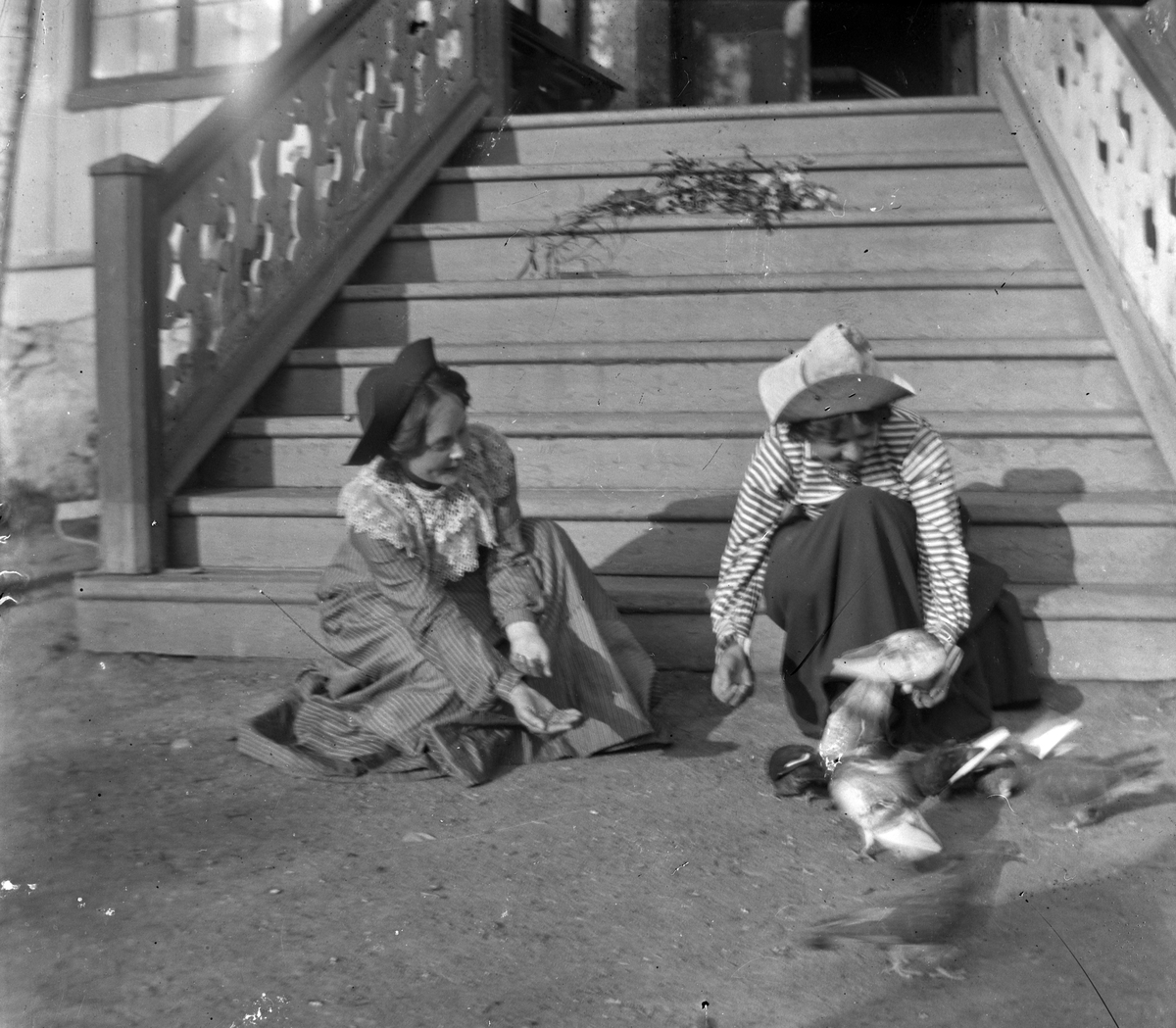 Johanne Mathea Nyquist. (født Hoel) til venstre, og Sigrid Pauline Baastad? (f. Hoel) til høyre. De var kusiner. Mater duer i trappa foran hovedbygningen på Hovinsholm gård, Helgøya i Ringsaker.  Foto Jacob Hoel.